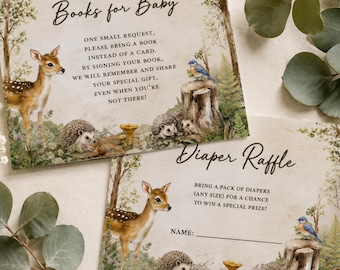 Woodland Baby Shower Insert Cards, Diaper Raffle & Books for Baby, Forest Animal Baby Shower Cards, Editable Canva Templates
