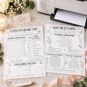Pode incluir: Duas folhas de papel para jogos de casamento com texto preto e ilustrações de linhas. A folha da esquerda apresenta A Little Fun Before I Do, um caça-palavras, I Spy e um jogo de desembaraçar palavras. A folha da direita inclui Keep The Fun Going, palavras cruzadas, um labirinto e This Or That.