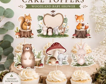 Woodland Animal Cupcake Toppers, Forest Baby Shower Cake Toppers, Printable Gender Neutral Party Decorations, Digital Download