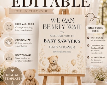 Teddy Bear Baby Shower Welcome Sign, We Can Bearly Wait Sign, Editable Canva Baby Shower Sign, Gender Neutral Beige Bear Template