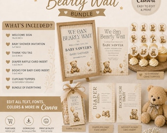 Teddy Bear Baby Shower Bundle, We Can Bearly Wait Editable Canva Templates, Gender Neutral Bear Baby Shower Decor, Printable Party Set