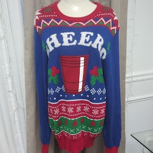 Hybrid Holiday Men&#39;s Ugly Christmas Sweater Red Solo Cup Pouch sweater size S