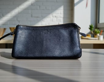 Coach Double Zip Wallet Blue Pebbled Leather