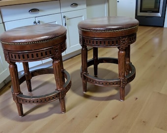 Frontgate Solid Wood Counter Stools | Genuine Leather Seats | Traditional Bar Stools | Set of 2 | 22” Counter Height