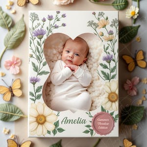 May include: A white box with a floral design and a heart-shaped cutout. Inside the cutout is a baby girl wearing a white onesie. The box has the name "Amelia" and the text "Summer Meadow Edition" printed on it.
