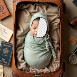May include: A baby wrapped in a light green swaddle is sleeping inside a brown vintage suitcase. The suitcase is surrounded by travel-themed props, including a compass, a passport, and luggage tags.