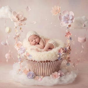 May include: A newborn baby wearing a white knit bonnet and nappy cover sleeps inside a large cupcake-shaped prop. The prop is decorated with pastel-coloured artificial flowers, small macarons, and white cotton clouds, all set against a soft pink background.