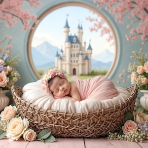 Fondo digital para recién nacidos: ventana de castillo primaveral con flores y cuna de mimbre, fotografía de bebé de princesa de cuento de hadas