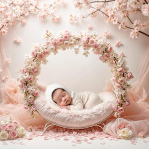May include: A newborn baby sleeping in a white faux fur nest, surrounded by a pink floral garland and a pink tulle backdrop.
