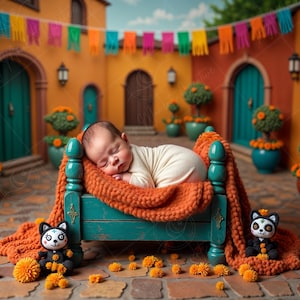 Digitale achtergrond voor pasgeborenen | Fiesta Courtyard Cradle met Papel Picado en goudsbloemen, kleurrijke scène met babyrekwisieten