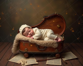 Toile de fond numérique pour nouveau-né | Lit bébé pour violon avec partitions, accessoire photo musique classique pour chambre d'enfant