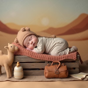 Könnte beinhalten: Ein schlafendes Baby in einem beigen Hut und Outfit, das auf einer roten Decke in einer Holzkiste liegt. Ein Stoffkamel, eine kleine braune Handtasche, eine dekorative Flasche und eine Karte befinden sich in der Nähe, vor einer Wüstenkulisse.