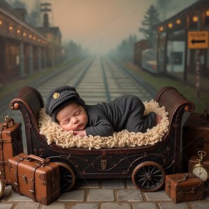 May include: A sleeping baby wearing a gray outfit and cap rests in a vintage-style carriage bed. The bed is surrounded by antique suitcases and a pocket watch, set against a railway station backdrop.