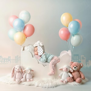 May include: A sleeping baby in a cloud-shaped hat and pastel clothing lies in a white cloud-shaped bed. Balloons in pink, blue, yellow, and white float above. Soft toys, including a bunny, lamb, and teddy bear, are arranged around the bed.