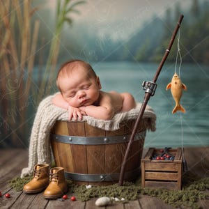 May include: A newborn baby sleeping in a wooden barrel with a fishing rod and a toy fish in the background. The baby is wearing a white blanket and is surrounded by green moss.