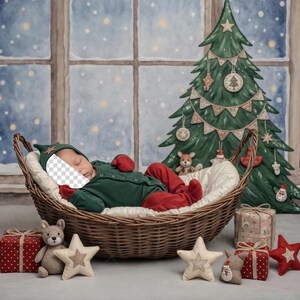 May include: A newborn baby dressed in a green outfit and red pants, sleeping peacefully in a woven basket. The scene is set with a Christmas tree, gifts, and star-shaped ornaments, creating a festive holiday theme.