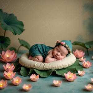 May include: A sleeping baby wearing a teal outfit and floral headband rests on a cream-colored pillow, surrounded by pink lotus flower candles and green lily pads. The scene evokes a sense of peace and tranquility.