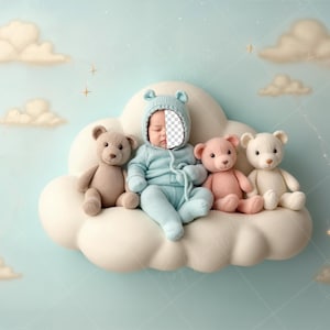 PSD: Face Insert Baby on Cloud with Teddy Bears, Newborn Digital Face Replace Backdrop | Newborn Digital Backdrop