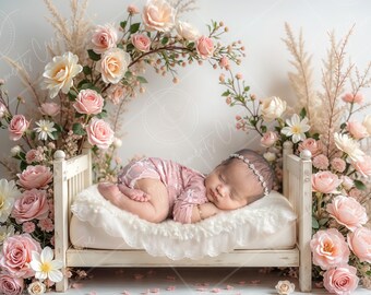 May include: A sleeping baby wearing a pink onesie lies on a white, lace-trimmed bed with a white wooden frame. The bed is surrounded by a floral arrangement of pink and white flowers.