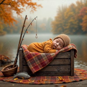 May include: A sleeping baby wearing a knit cap and orange outfit rests on a plaid blanket inside a wooden crate. A fishing rod, a wooden bowl, and a toy fish are nearby. The scene is set outdoors with a lake and autumn foliage.