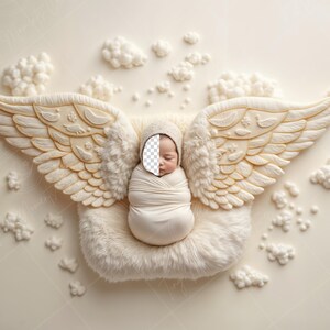 May include: A newborn baby is swaddled in white fabric and placed inside a white faux fur nest. The baby is surrounded by white angel wings with intricate details. The background is a light beige with white clouds.