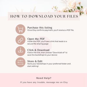 May include: A pink and white graphic with instructions on how to download digital files from Etsy. The graphic includes icons for purchasing, opening, downloading, and storing files. The text reads "How to Download Your Files", "Purchase this listing", "Open the PDF", "Click & Download", "Store & Edit", and "Need Help? If you have any trouble, message me on Etsy."