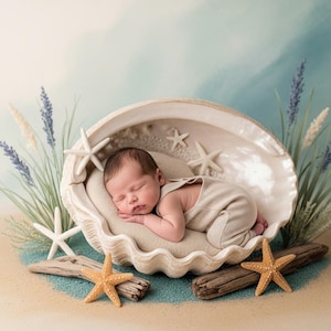 May include: A newborn baby peacefully sleeps inside a large seashell. The baby is wearing a beige outfit and rests on a soft, beige pillow. The scene is decorated with starfish, driftwood, and sprigs of lavender against a blue and beige backdrop.