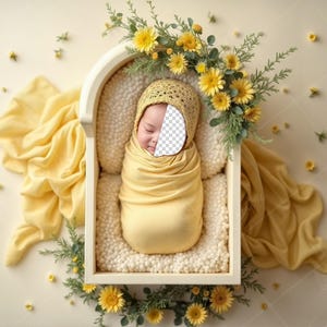 Può includere: Un neonato dorme in una culla di legno bianco decorata con fiori gialli. Il bambino è avvolto in una coperta gialla e indossa un cappello all'uncinetto.