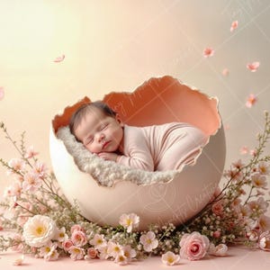 Puede incluir: Un bebé recién nacido durmiendo plácidamente en un accesorio blanco con forma de huevo, rodeado de flores rosas. El bebé lleva un atuendo rosa y tiene una apariencia suave y delicada.