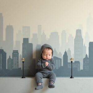 Può includere: Un bambino con una tuta grigia con cappuccio è seduto su un davanzale davanti a un murale di paesaggio urbano. Due lampioni neri in miniatura affiancano il bambino. Lo sfondo presenta edifici cittadini in tonalità grigie e blu.