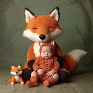 Könnte beinhalten: Ein schlafendes Baby in einem orangefarbenen Fuchskostüm, einschließlich Hut mit Ohren, sitzt vor einem großen Stofffuchs. Ein kleines Fuchspielzeug ist ebenfalls vorhanden. Die Szene spielt vor einem Waldhintergrund.