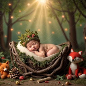 May include: A newborn baby wearing a green and red wreath sleeps in a brown twig nest with a white blanket. Two red fox plushies and a lantern are on the ground in front of the nest.