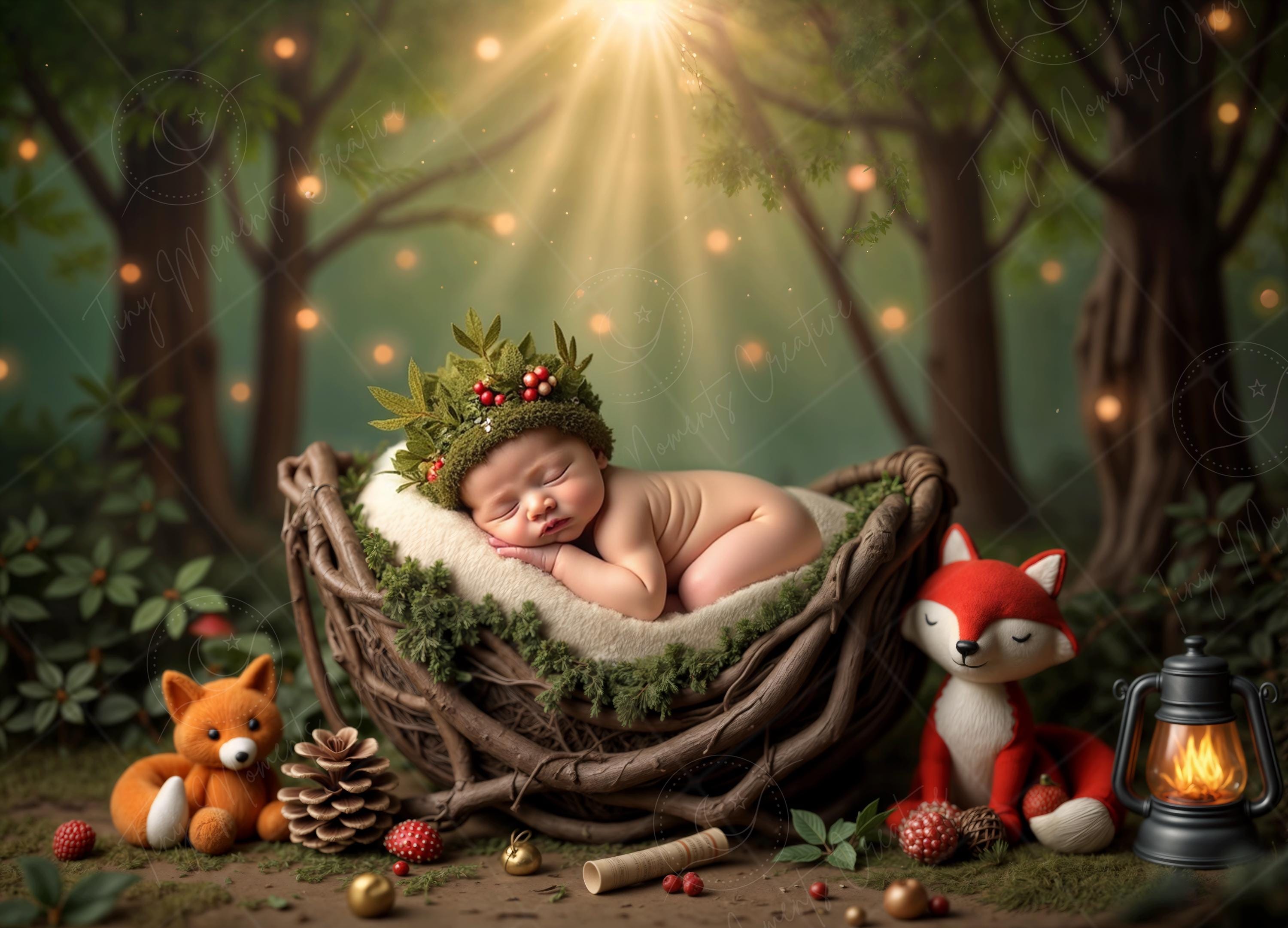 Newborn Digital Backdrop | Woodland Fox Cradle Scene, Forest Animal Nursery Bed Prop