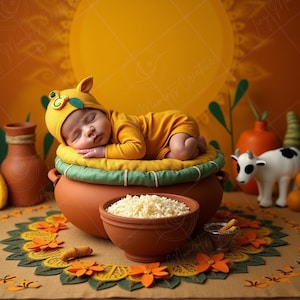 May include: A sleeping baby wearing a yellow outfit and hat with frog details, resting in a terracotta pot. The scene includes a small white cow figurine, pumpkins, and a bowl of rice, set against an orange backdrop.