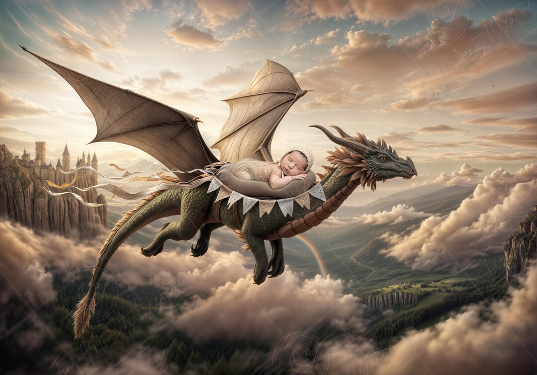 Newborn Digital Backdrop | Flying Dragon Saddle Cradle Above Castle ...