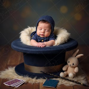 Toile de fond numérique pour nouveau-né | Configuration bébé chapeau magique avec lapin et cartes, accessoire de photographie magicien