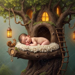 Può includere: Un neonato dorme serenamente su un letto di pelliccia sintetica all'interno di una casetta sull'albero. La casetta sull'albero è fatta di legno e ha una scala che conduce ad essa. Ci sono due lanterne appese ai rami dell'albero.