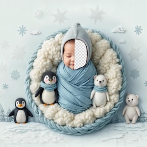May include: A newborn baby wrapped in a blue blanket is sleeping in a white and blue woven basket. The baby is surrounded by stuffed animals, including two penguins and two polar bears. The background is a light blue with snowflakes.