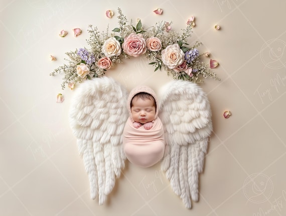 Newborn Digital Backdrop | Soft Angel Wings & Floral Arch, Dreamy