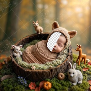 May include: A newborn baby wearing a brown knitted hat with ear flaps is sleeping in a wooden bowl surrounded by moss, a white bunny, a brown deer figurine, and a white bunny figurine.
