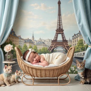 Könnte beinhalten: Ein schlafendes Baby in einem Weidenkorb mit einer weißen Decke, vor einem Hintergrund, der den Eiffelturm und eine Pariser Stadtlandschaft zeigt. Zwei Kätzchen, eines orange und eines getigert, sitzen auf dem Boden neben dem Korb.