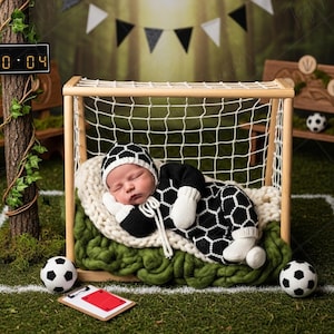 May include: A newborn baby dressed in a soccer-themed outfit, including a hat, mittens, and a onesie with a black and white soccer ball pattern, lies peacefully in a miniature soccer goal. The scene is set on a green field with soccer balls.