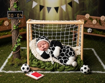 Newborn Digital Backdrop Rustic Soccer Theme for Photography with Mini Goal and Green Field for Newborns