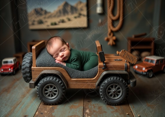 Wooden Jeep Bed with Editable Name Tag | Newborn Digital Backdrop for Boys