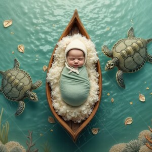 May include: A newborn baby swaddled in a green blanket is sleeping in a wooden boat. The boat is surrounded by a turquoise blue background with two sea turtles and gold glitter.