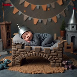 May include: A newborn baby wearing a silver knight helmet and gray outfit, sleeping on a stone-like bed. The bed is surrounded by toy castles, dragons, and a banner. The scene is set up as a themed newborn photo.