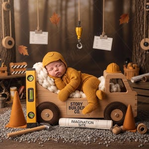 Pode incluir: Um recém-nascido com um conjunto e chapéu amarelo mostarda, dormindo na caixa de um caminhão de madeira. A cena inclui adereços de construção como um nível, um martelo e cones de trânsito. O caminhão tem o texto "STORY BUILDER CO."