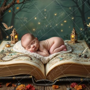May include: A newborn baby sleeping on an open book with a white blanket. The book is old and has a map on the pages. There are two lanterns and a quill pen on the book.