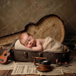 toile de fond numérique musique vintage | Étui pour guitare accessoire nouveau-né | Arrière-plan de photographie de bébé | Toile de fond numérique pour nouveau-né