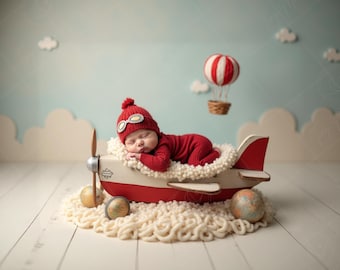 Newborn Digital Backdrop with Vintage Airplane Cradle and Hot Air Balloon for Photography